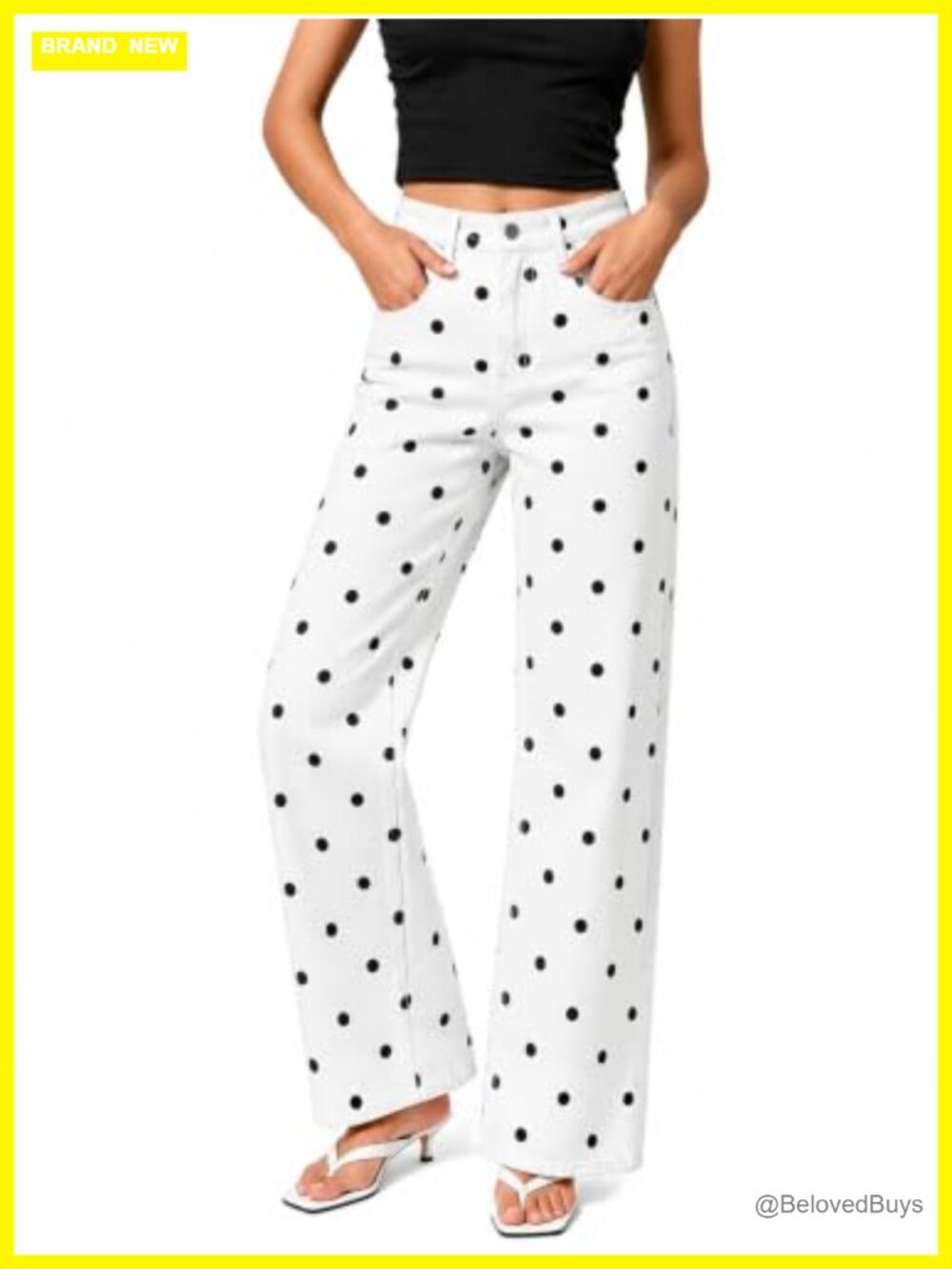 Womens Polka Dot Wide Leg High Waist Stretch Denim Jeans with Pockets